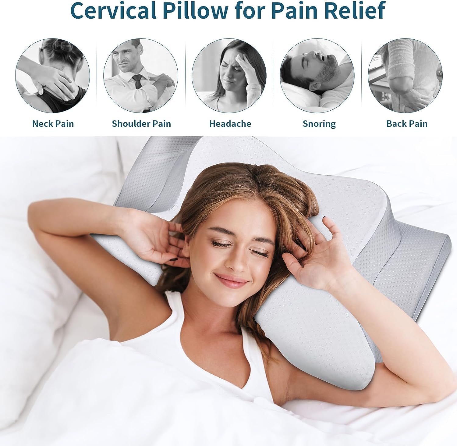 Neck pillows made of cervical memory foam offer relief from discomfort, such as shoulder and neck pain experienced during sleep, helping to improve sleep quality.". 